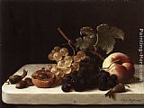 Emilie, Paintings - Grapes Acorns and Apricots on a Marble Ledge by Emilie Preyer
